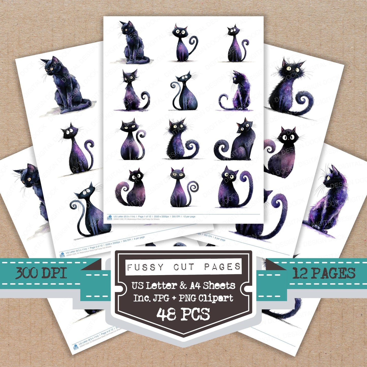 Watercolour Black Cat fussy cut printable sheets for junk journaling, scrapbooking, and paper craft projects