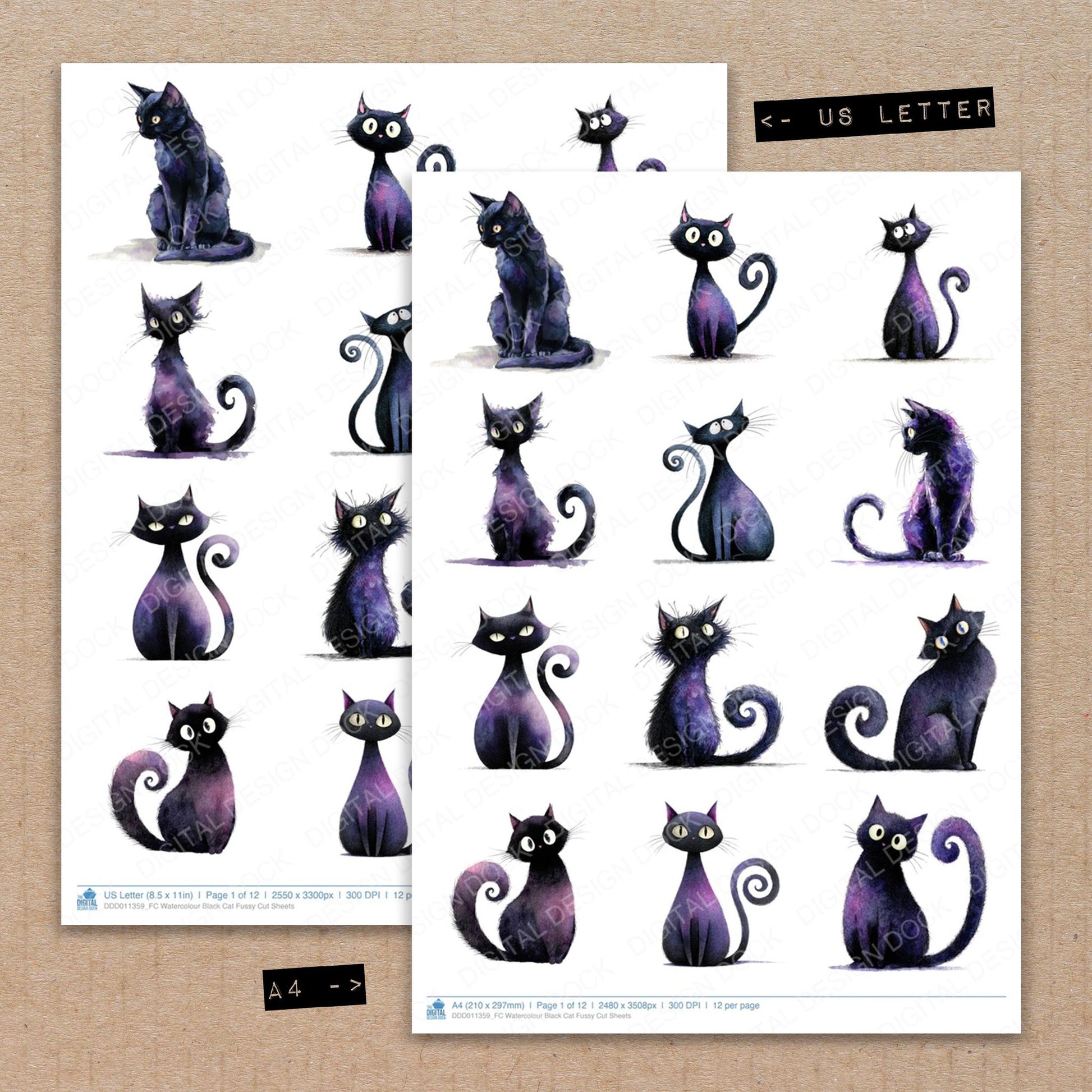 A4 and US Letter format comparison showing Watercolour Black Cat fussy cut pages for print and cut crafting