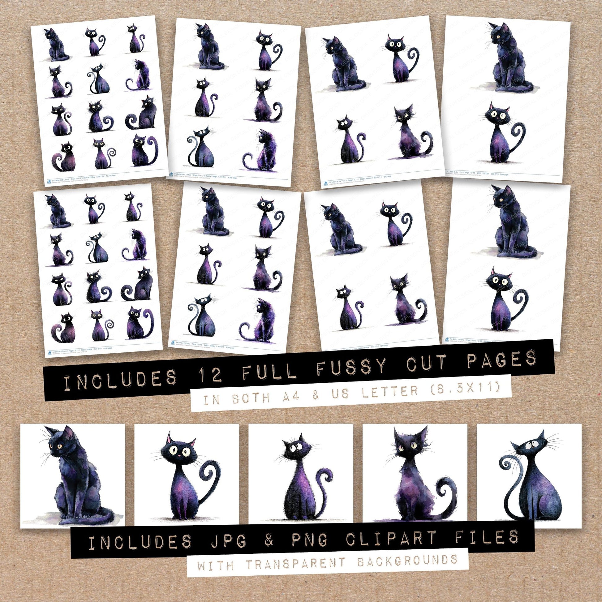 Full collection view of Watercolour Black Cat fussy cut sheets with bonus clipart JPG and PNG files