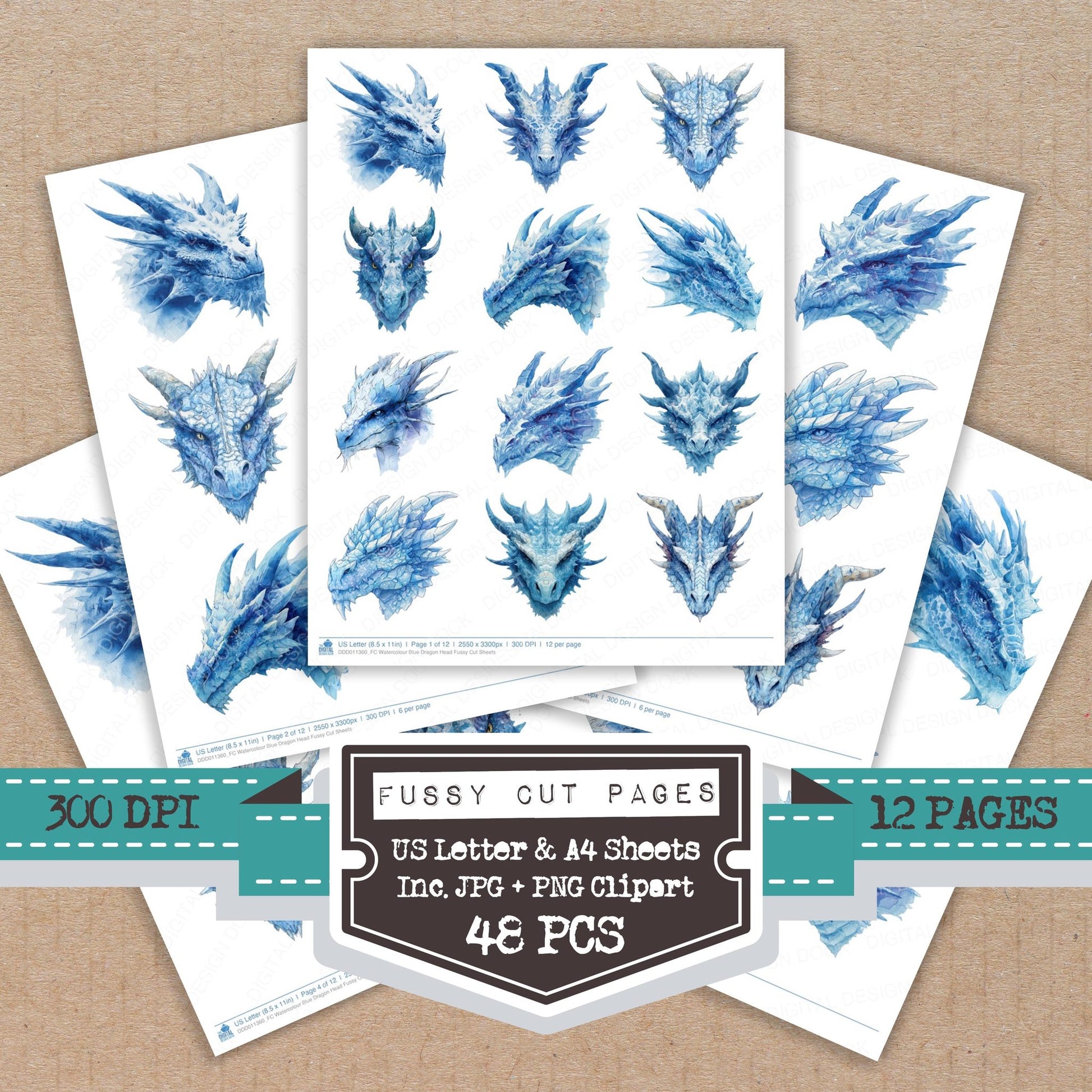 Watercolour Blue Dragon Head fussy cut printable sheets for junk journaling, scrapbooking, and paper craft projects