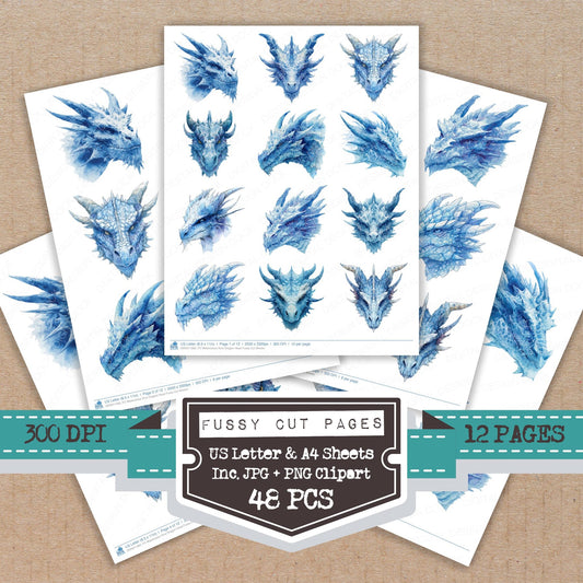 Watercolour Blue Dragon Head fussy cut printable sheets for junk journaling, scrapbooking, and paper craft projects