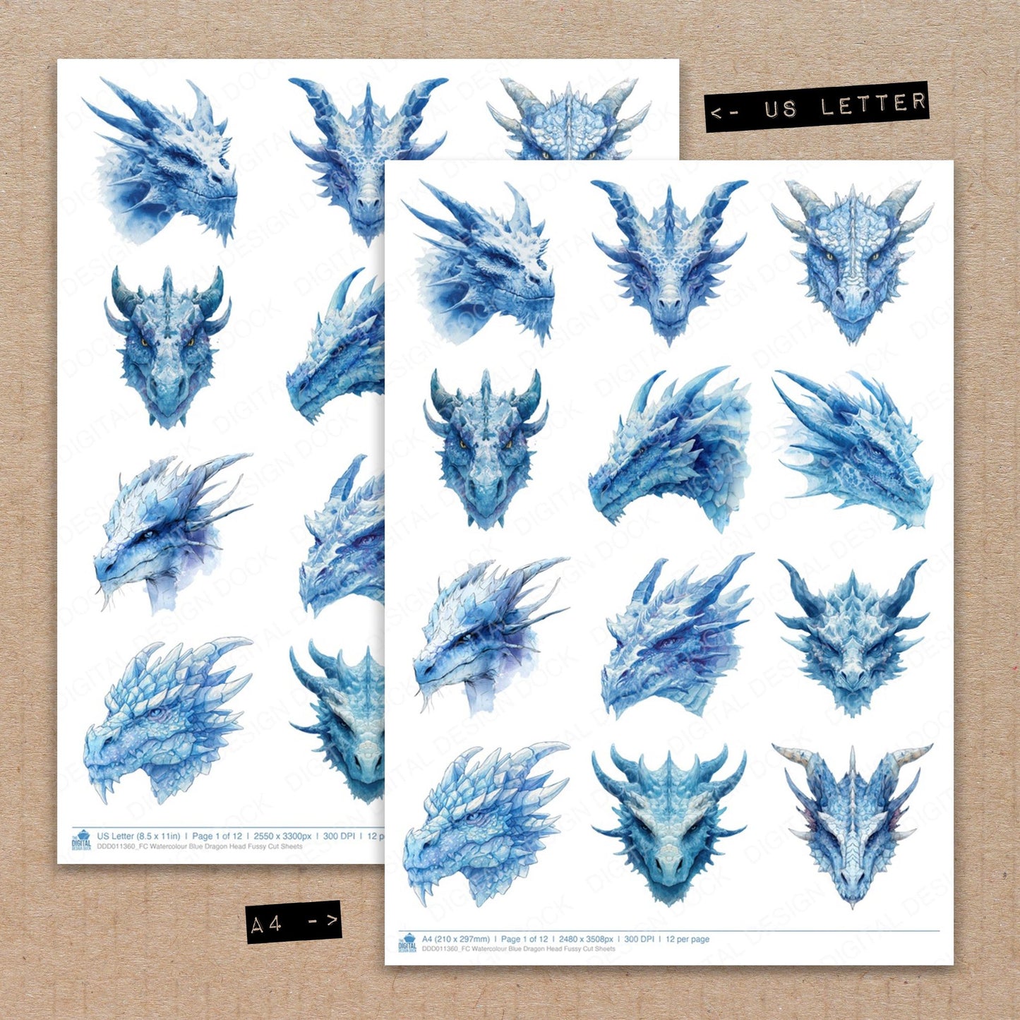 A4 and US Letter format comparison showing Watercolour Blue Dragon Head fussy cut pages for print and cut crafting