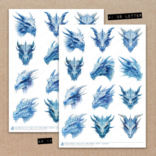 A4 and US Letter format comparison showing Watercolour Blue Dragon Head fussy cut pages for print and cut crafting