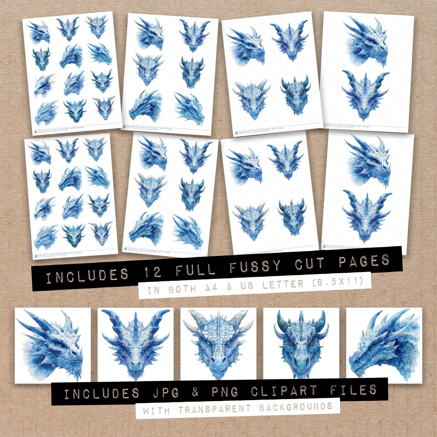 Full collection view of Watercolour Blue Dragon Head fussy cut sheets with bonus clipart JPG and PNG files