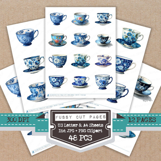 Watercolour Blue Floral Teacup fussy cut printable sheets for junk journaling, scrapbooking, and paper craft projects