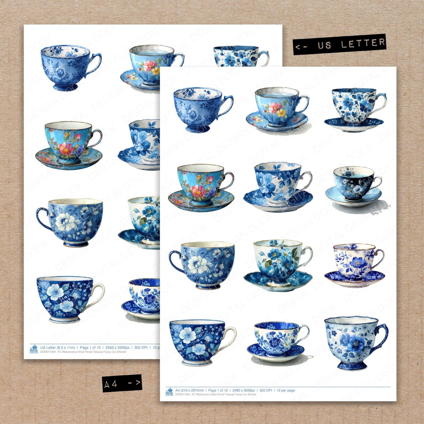 A4 and US Letter format comparison showing Watercolour Blue Floral Teacup fussy cut pages for print and cut crafting