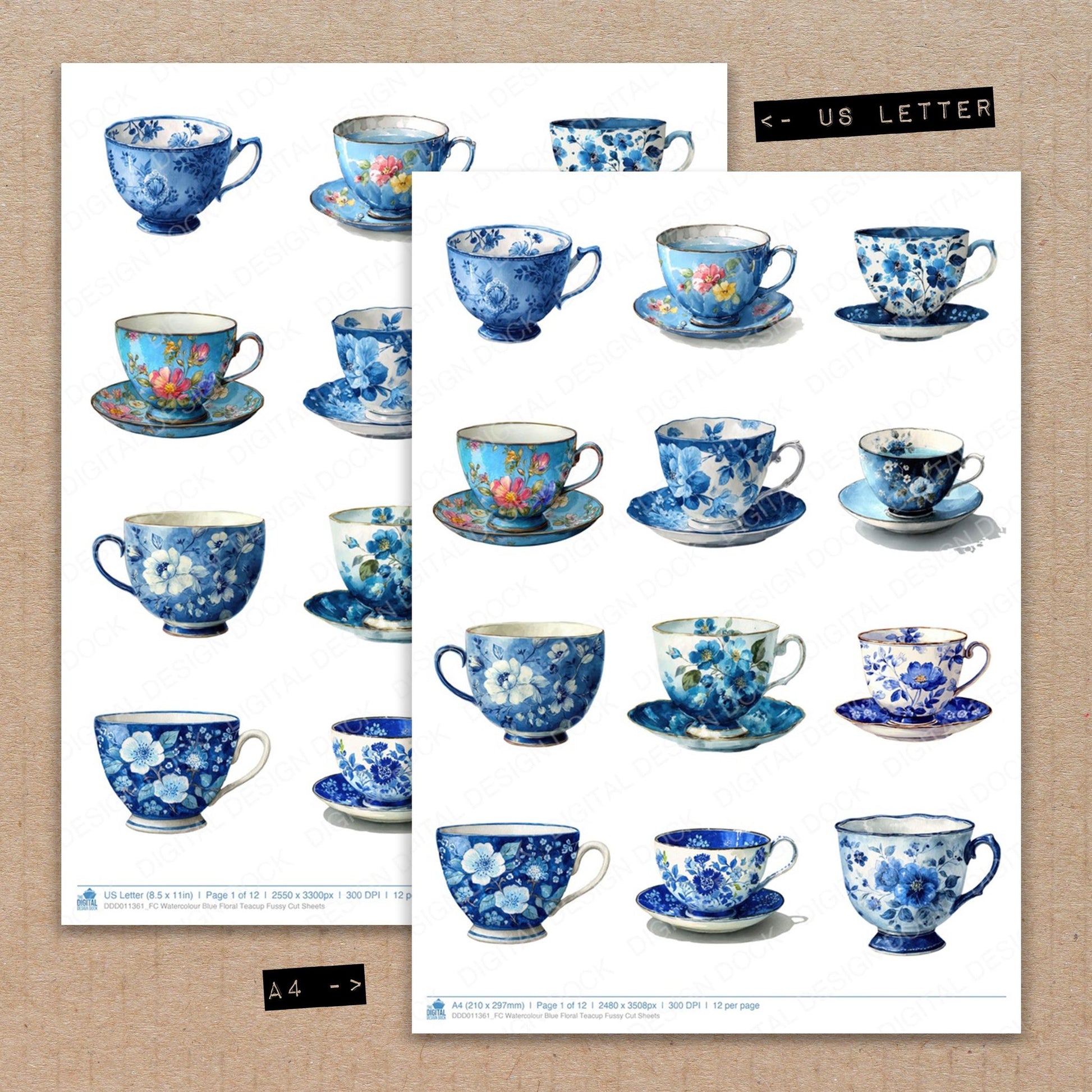 A4 and US Letter format comparison showing Watercolour Blue Floral Teacup fussy cut pages for print and cut crafting