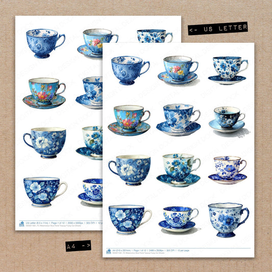 A4 and US Letter format comparison showing Watercolour Blue Floral Teacup fussy cut pages for print and cut crafting