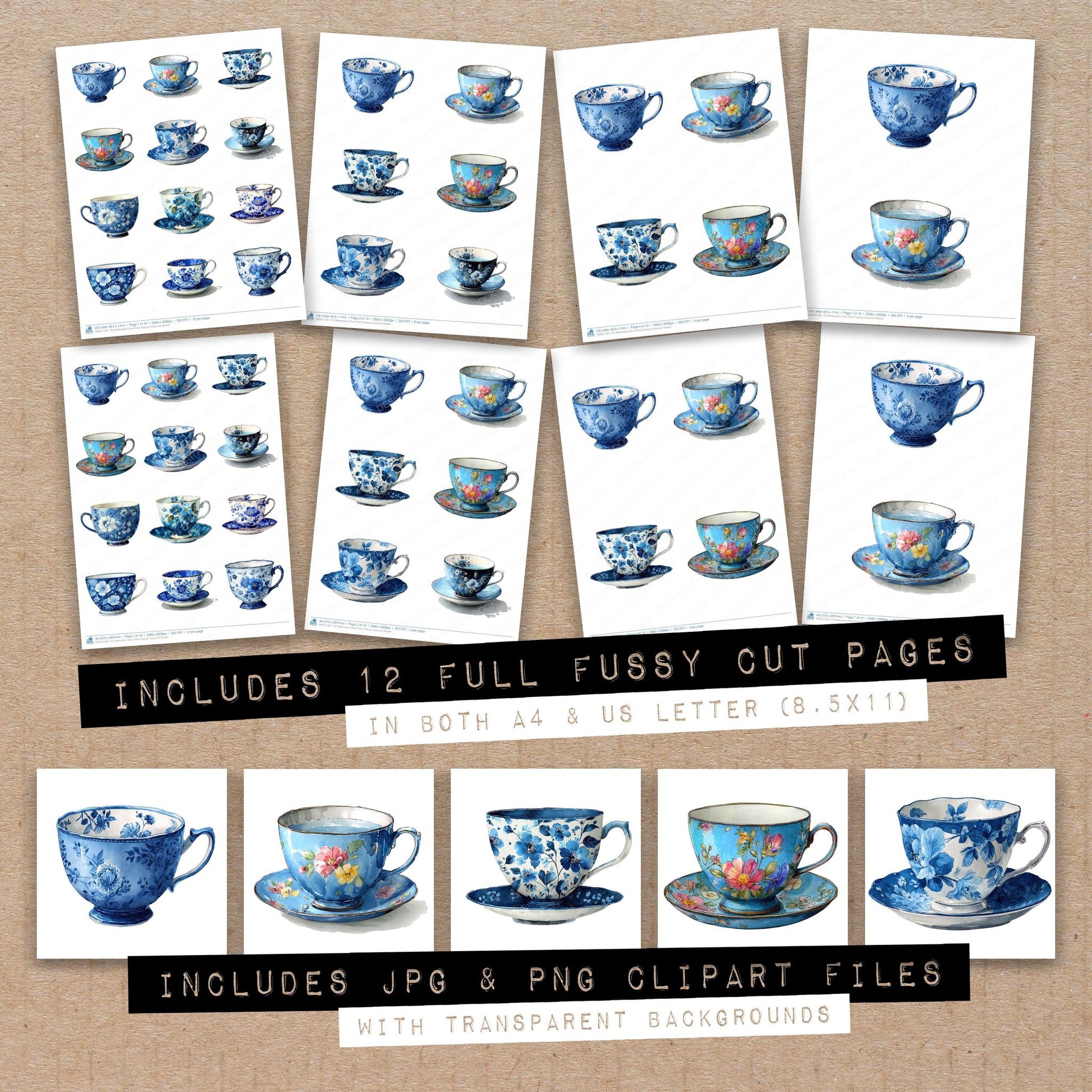 Full collection view of Watercolour Blue Floral Teacup fussy cut sheets with bonus clipart JPG and PNG files