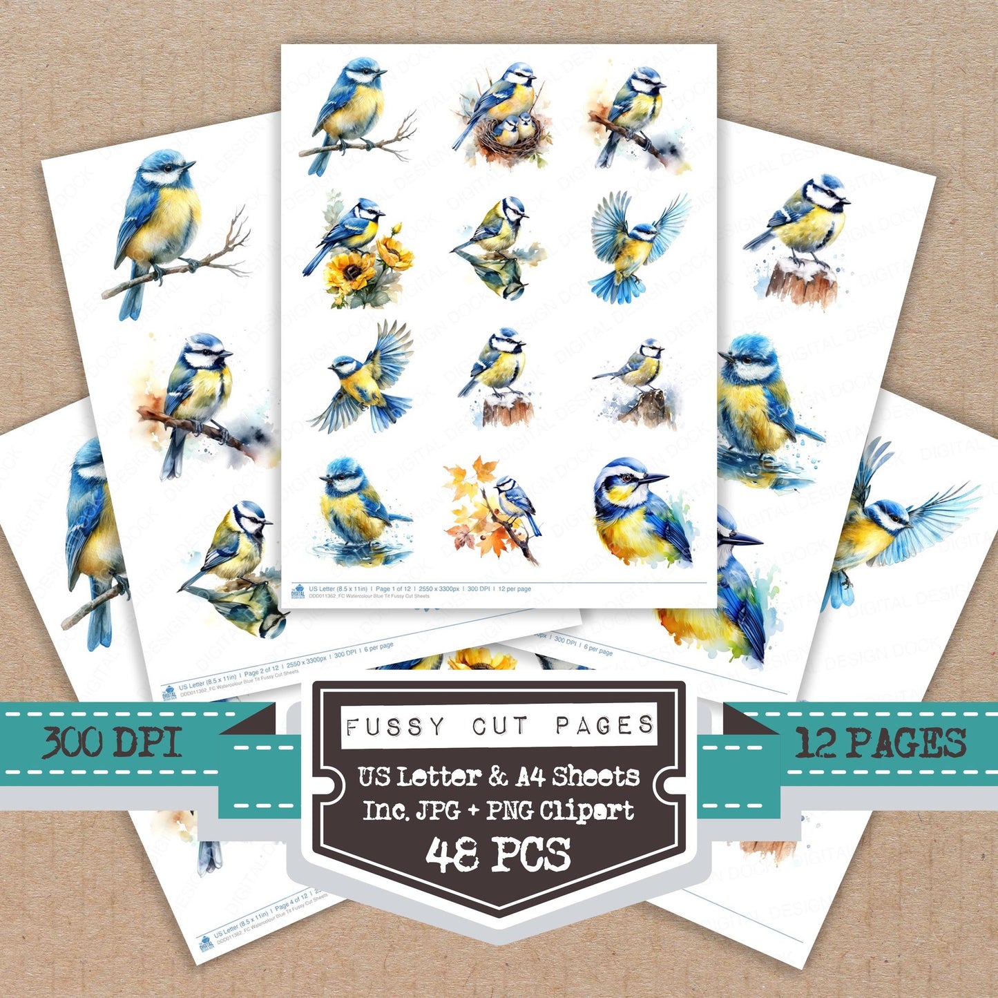 Watercolour Blue Tit fussy cut printable sheets for junk journaling, scrapbooking, and paper craft projects