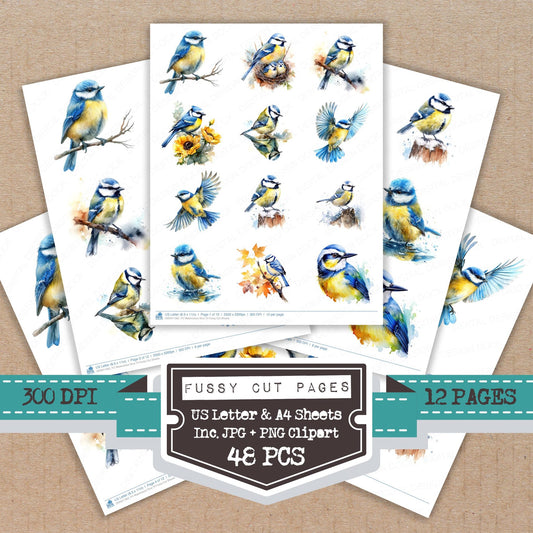 Watercolour Blue Tit fussy cut printable sheets for junk journaling, scrapbooking, and paper craft projects