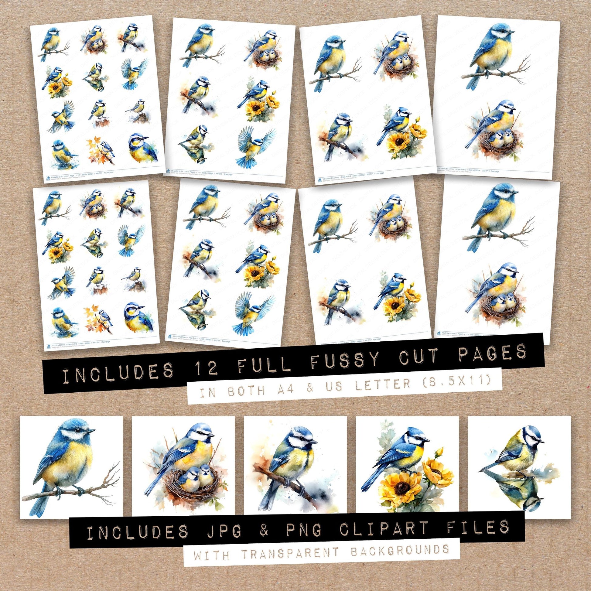 Full collection view of Watercolour Blue Tit fussy cut sheets with bonus clipart JPG and PNG files