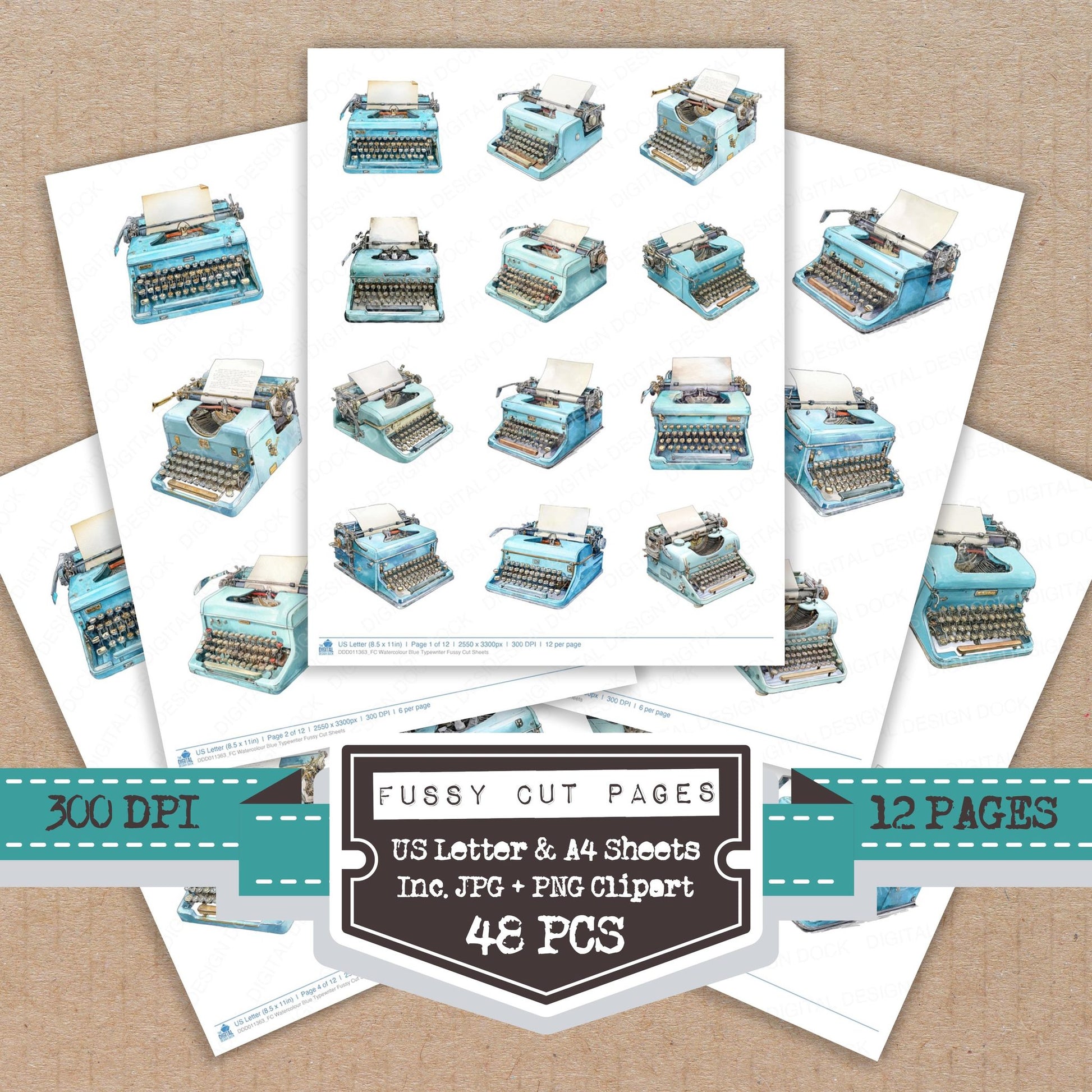 Watercolour Blue Typewriter fussy cut printable sheets for junk journaling, scrapbooking, and paper craft projects