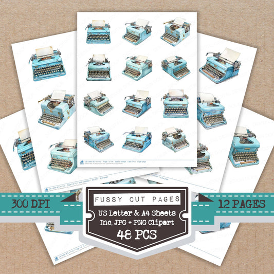 Watercolour Blue Typewriter fussy cut printable sheets for junk journaling, scrapbooking, and paper craft projects