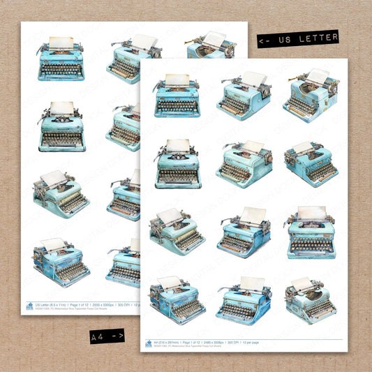 A4 and US Letter format comparison showing Watercolour Blue Typewriter fussy cut pages for print and cut crafting
