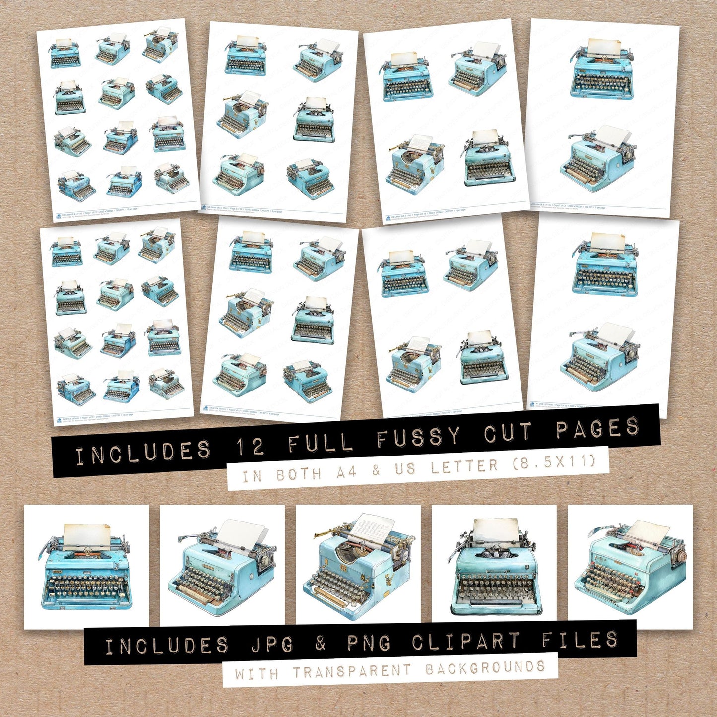 Full collection view of Watercolour Blue Typewriter fussy cut sheets with bonus clipart JPG and PNG files