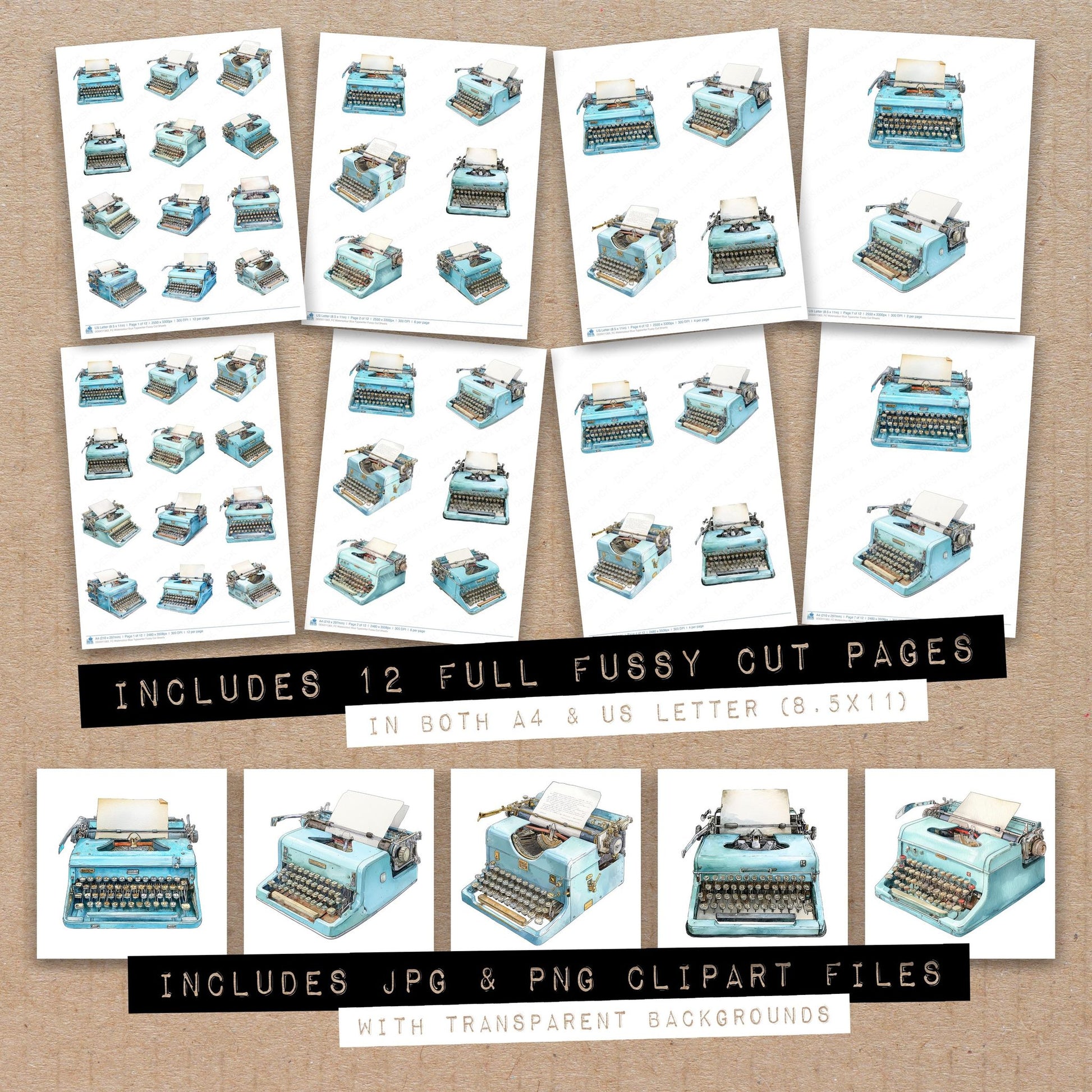 Full collection view of Watercolour Blue Typewriter fussy cut sheets with bonus clipart JPG and PNG files