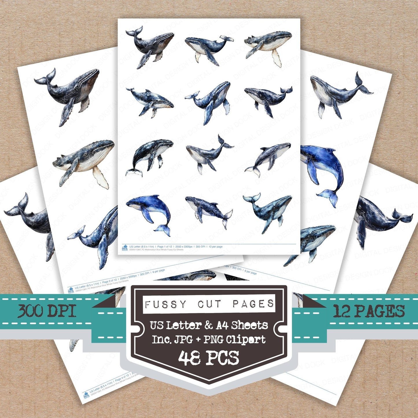 Watercolour Blue Whale fussy cut printable sheets for junk journaling, scrapbooking, and paper craft projects