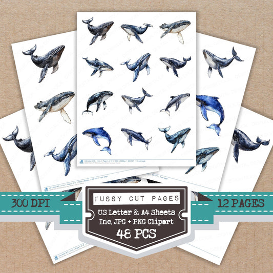 Watercolour Blue Whale fussy cut printable sheets for junk journaling, scrapbooking, and paper craft projects