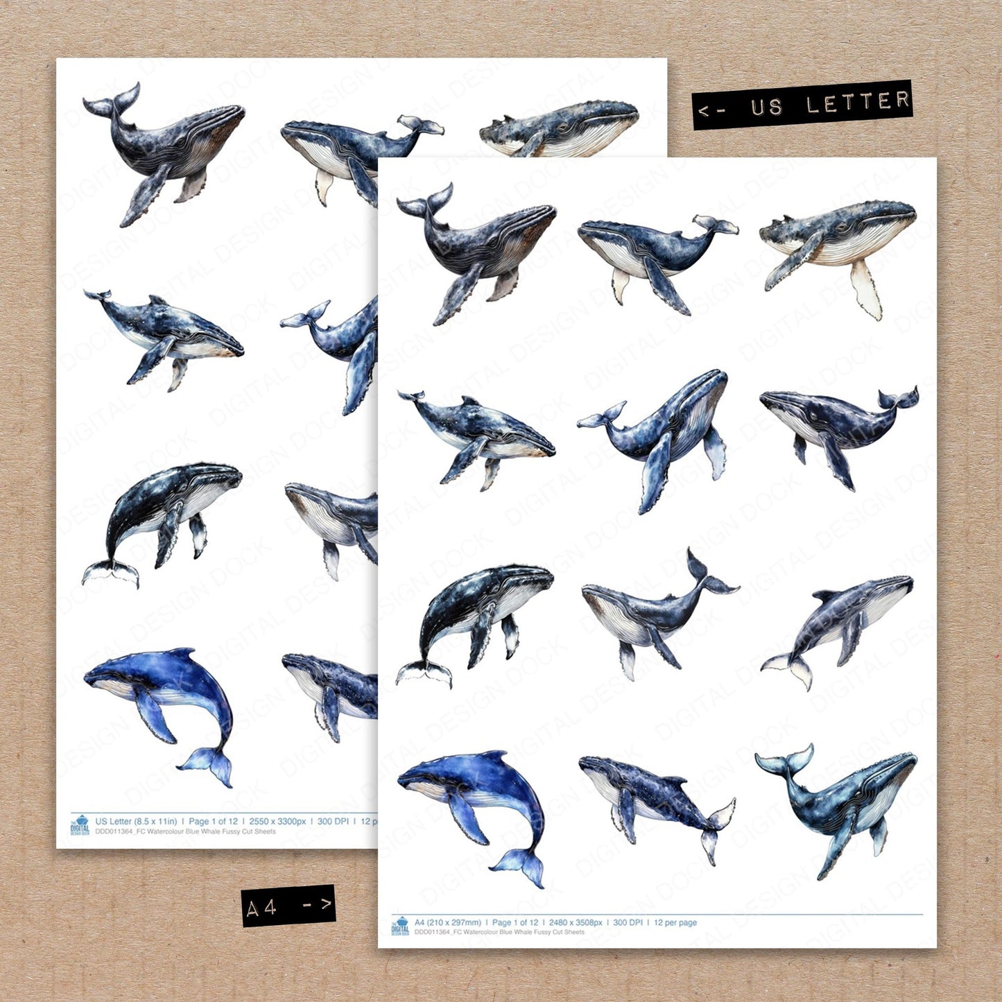 A4 and US Letter format comparison showing Watercolour Blue Whale fussy cut pages for print and cut crafting