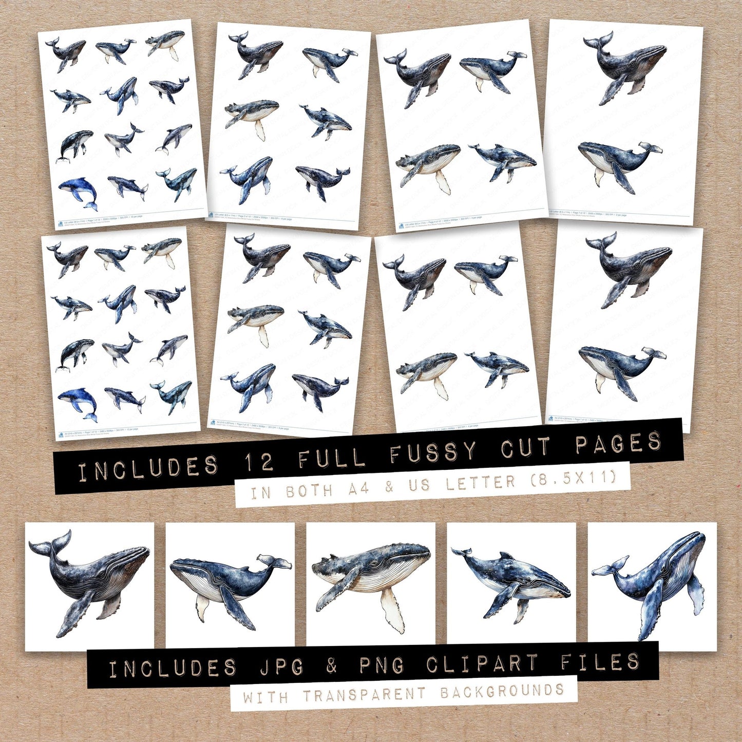 Full collection view of Watercolour Blue Whale fussy cut sheets with bonus clipart JPG and PNG files