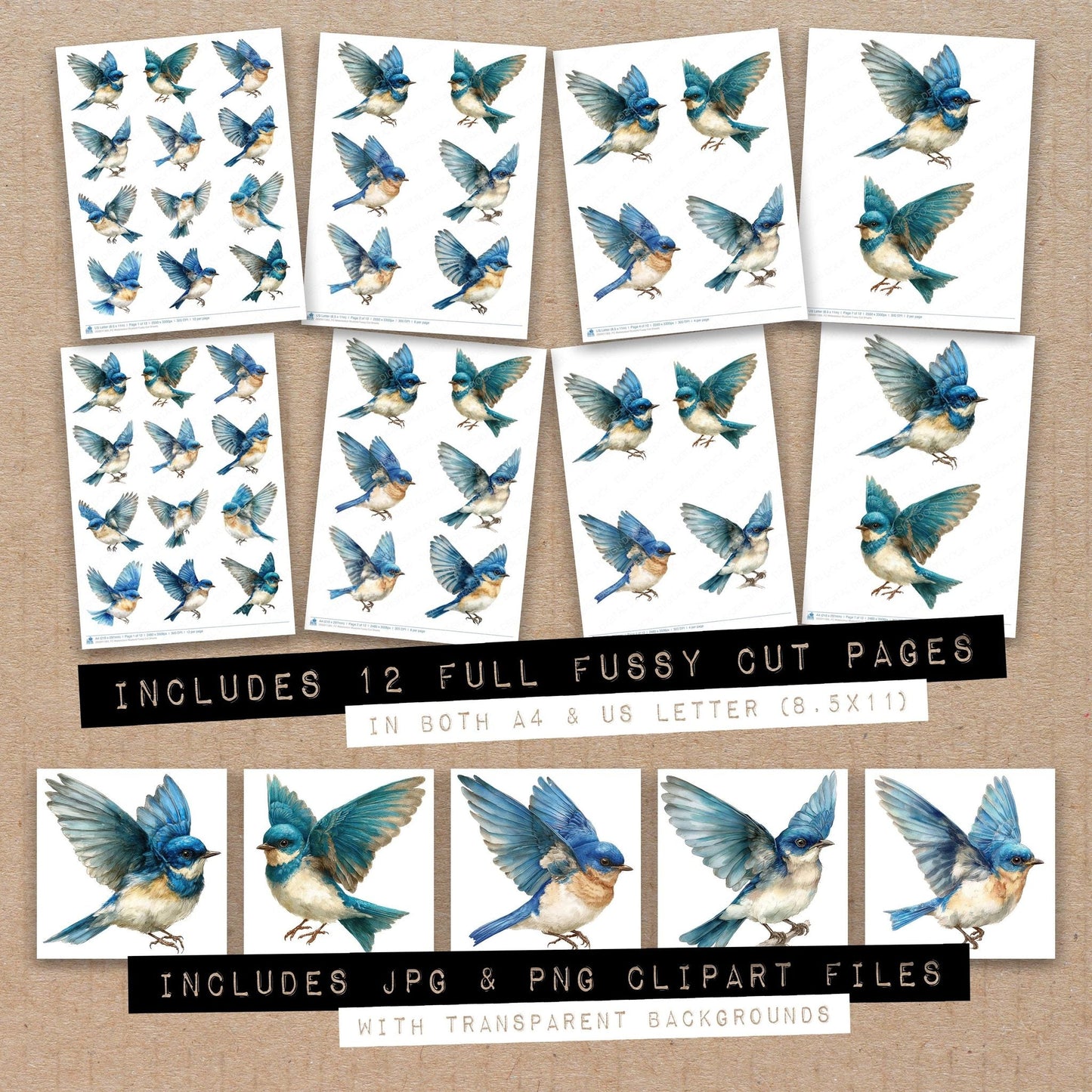 Watercolour Bluebird Fussy Cut Sheets (DDD011365)