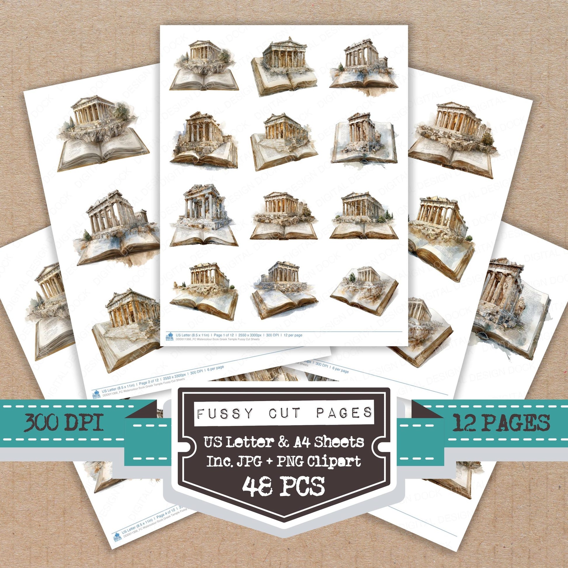 Watercolour Book Greek Temple fussy cut printable sheets for junk journaling, scrapbooking, and paper craft projects