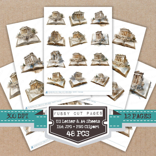 Watercolour Book Greek Temple fussy cut printable sheets for junk journaling, scrapbooking, and paper craft projects
