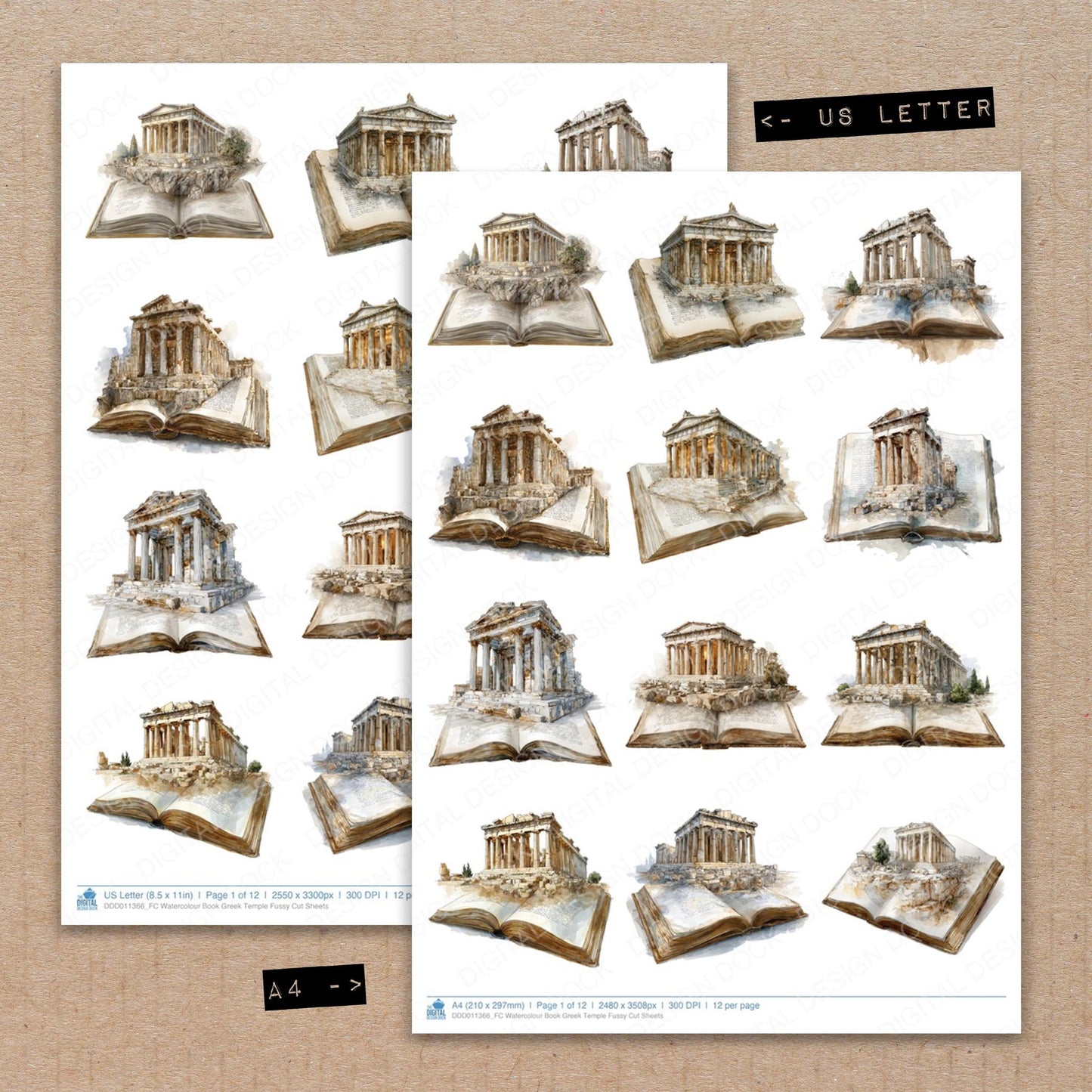 A4 and US Letter format comparison showing Watercolour Book Greek Temple fussy cut pages for print and cut crafting