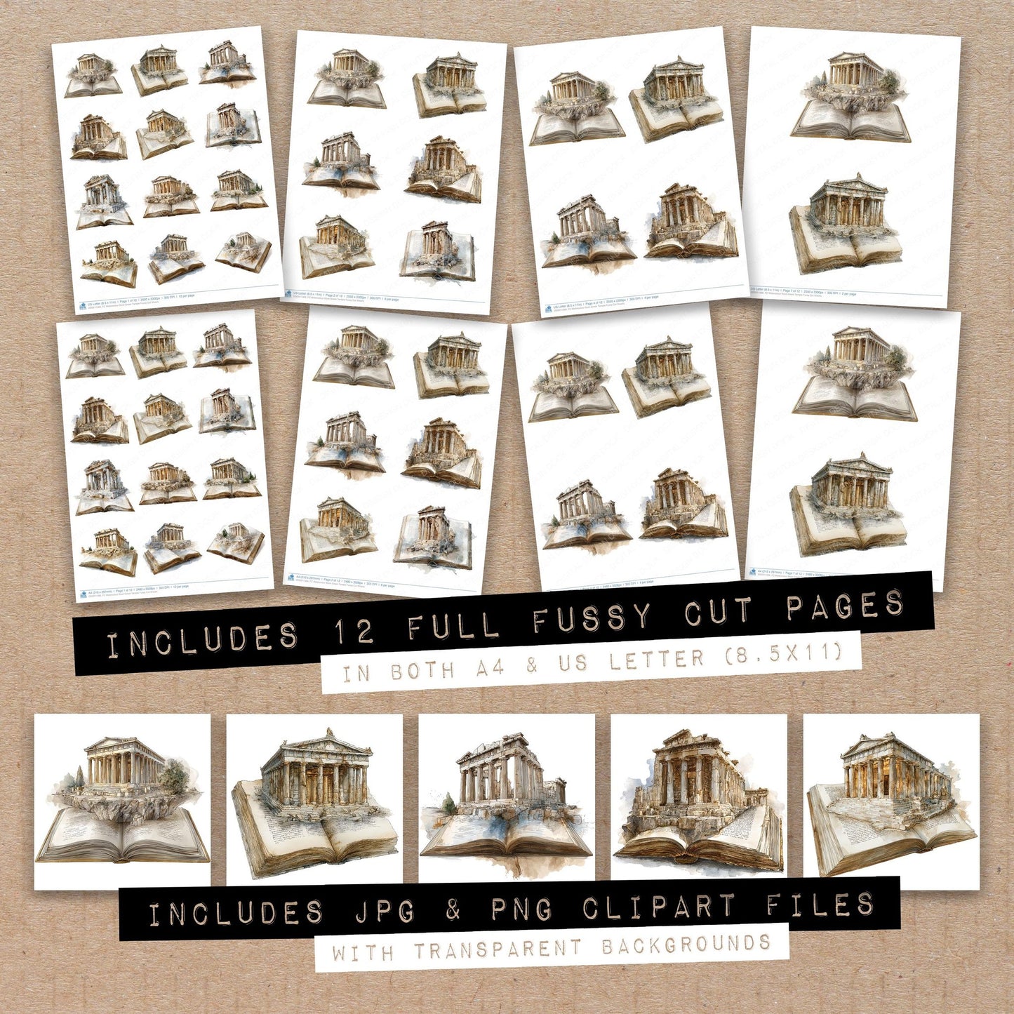 Full collection view of Watercolour Book Greek Temple fussy cut sheets with bonus clipart JPG and PNG files