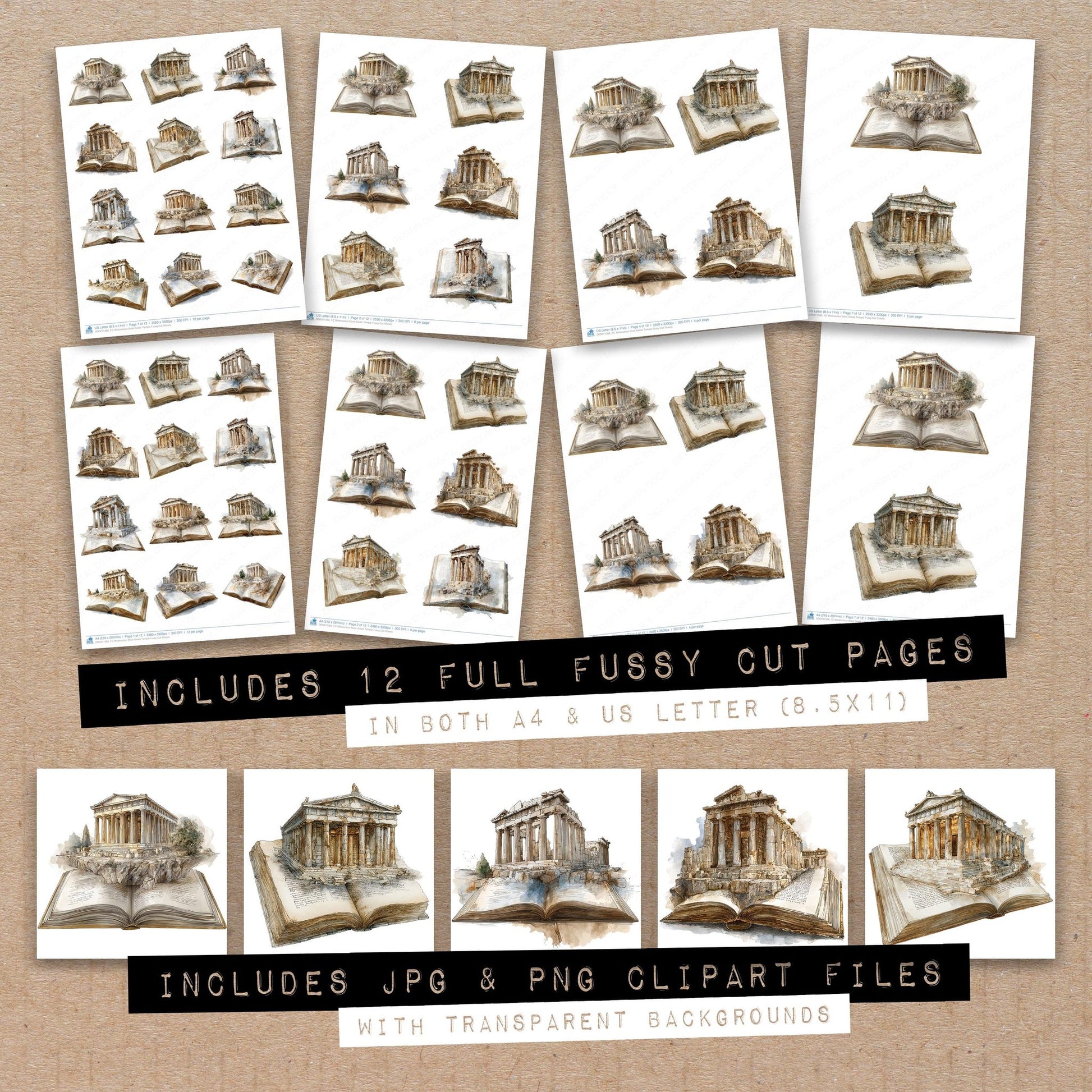 Full collection view of Watercolour Book Greek Temple fussy cut sheets with bonus clipart JPG and PNG files