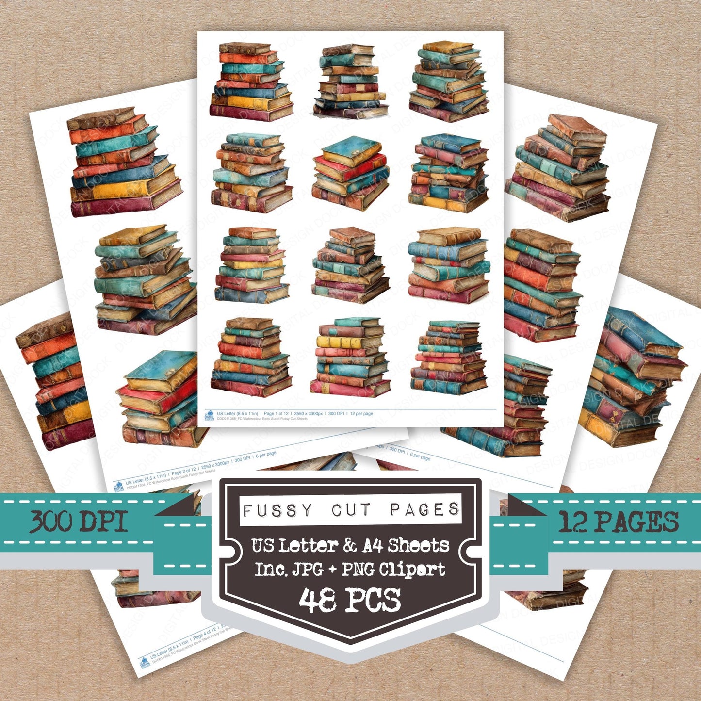 Watercolour Book Stack fussy cut printable sheets for junk journaling, scrapbooking, and paper craft projects