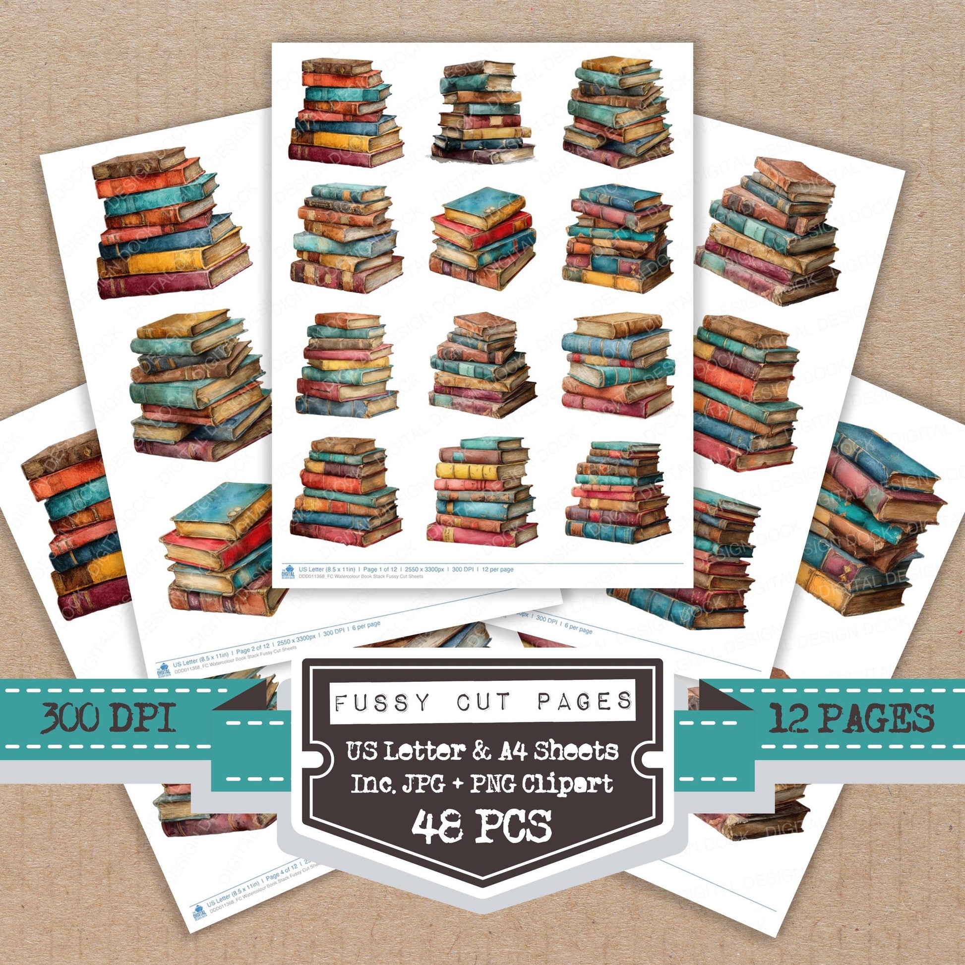 Watercolour Book Stack fussy cut printable sheets for junk journaling, scrapbooking, and paper craft projects