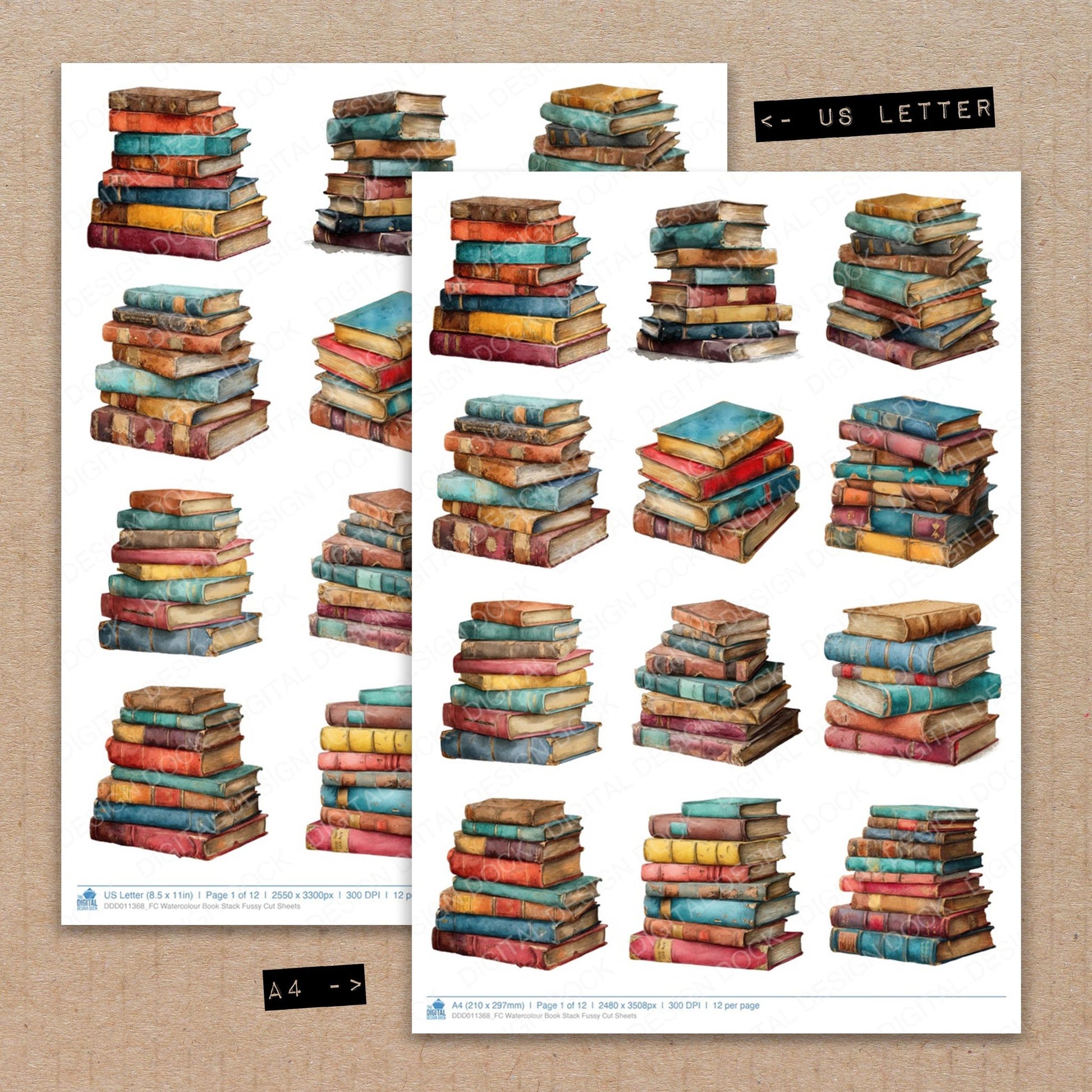 A4 and US Letter format comparison showing Watercolour Book Stack fussy cut pages for print and cut crafting