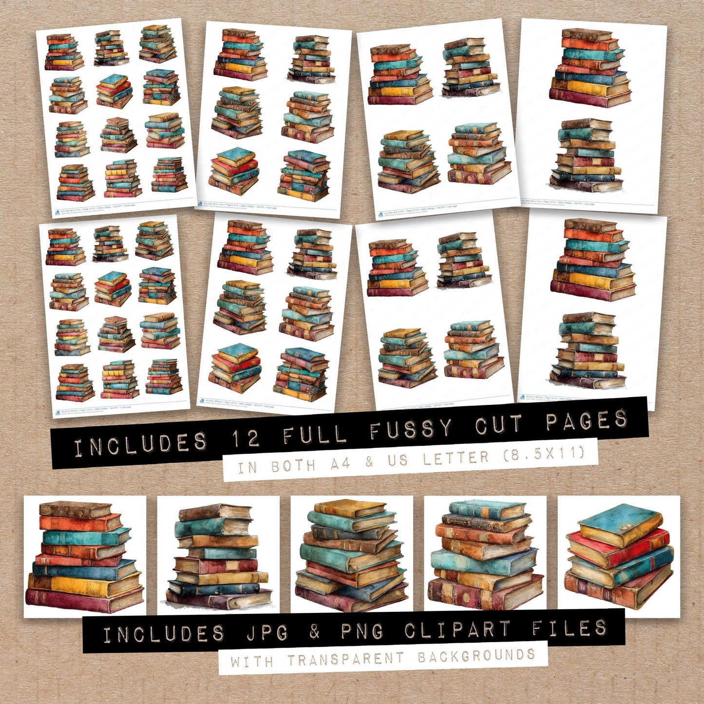Full collection view of Watercolour Book Stack fussy cut sheets with bonus clipart JPG and PNG files