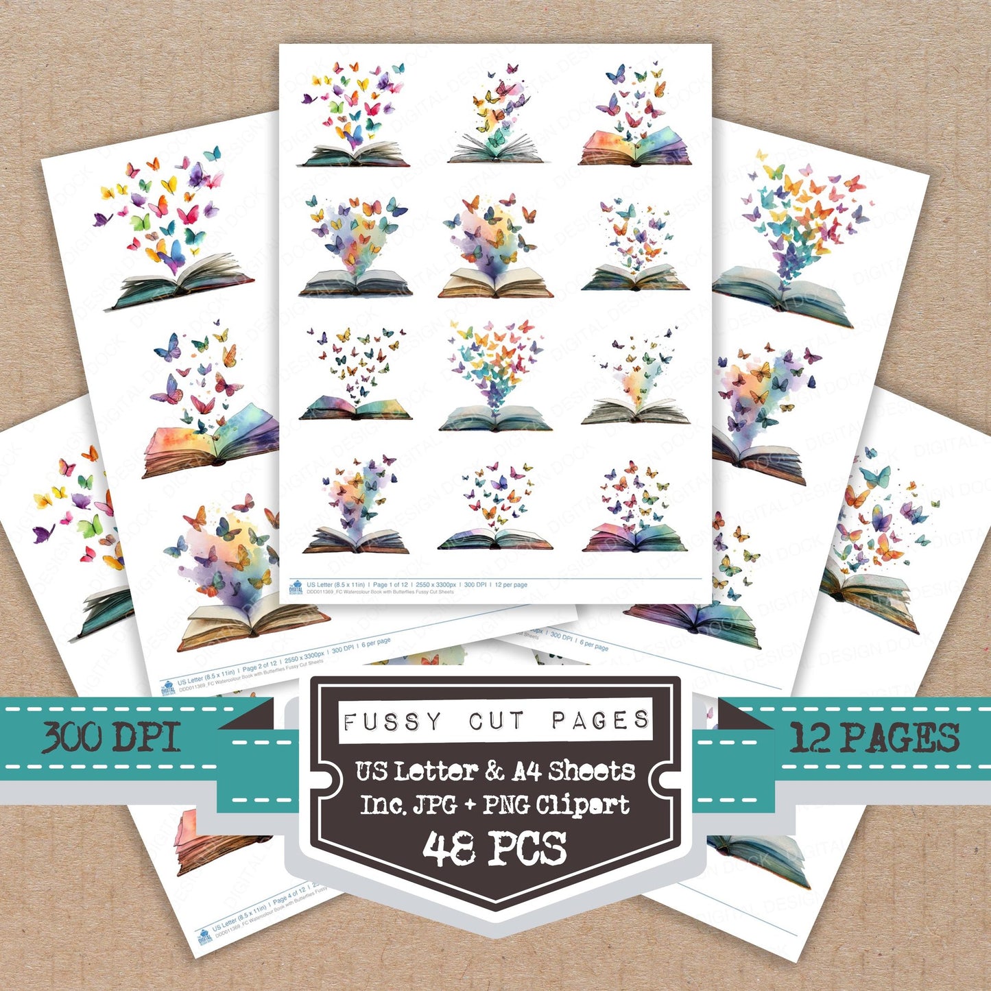 Watercolour Book with Butterflies fussy cut printable sheets for junk journaling, scrapbooking, and paper craft projects