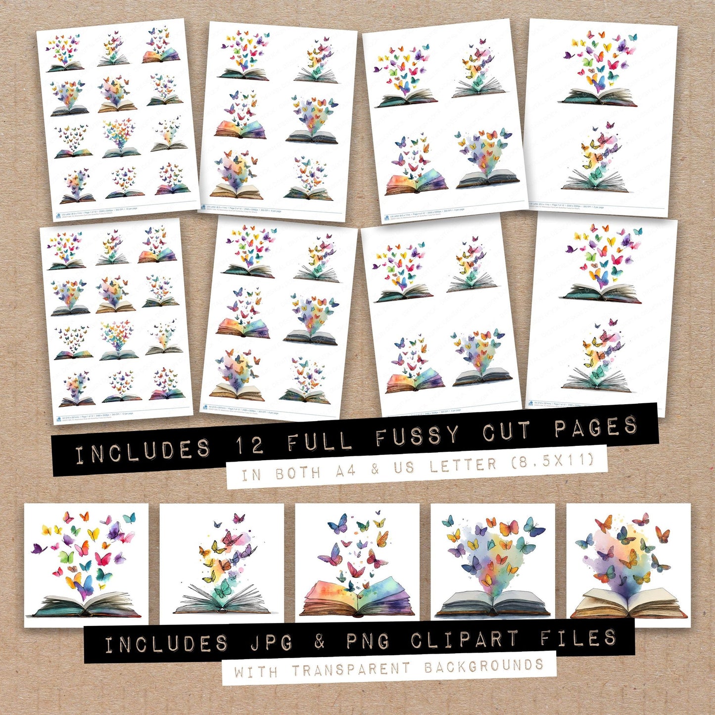 Full collection view of Watercolour Book with Butterflies fussy cut sheets with bonus clipart JPG and PNG files