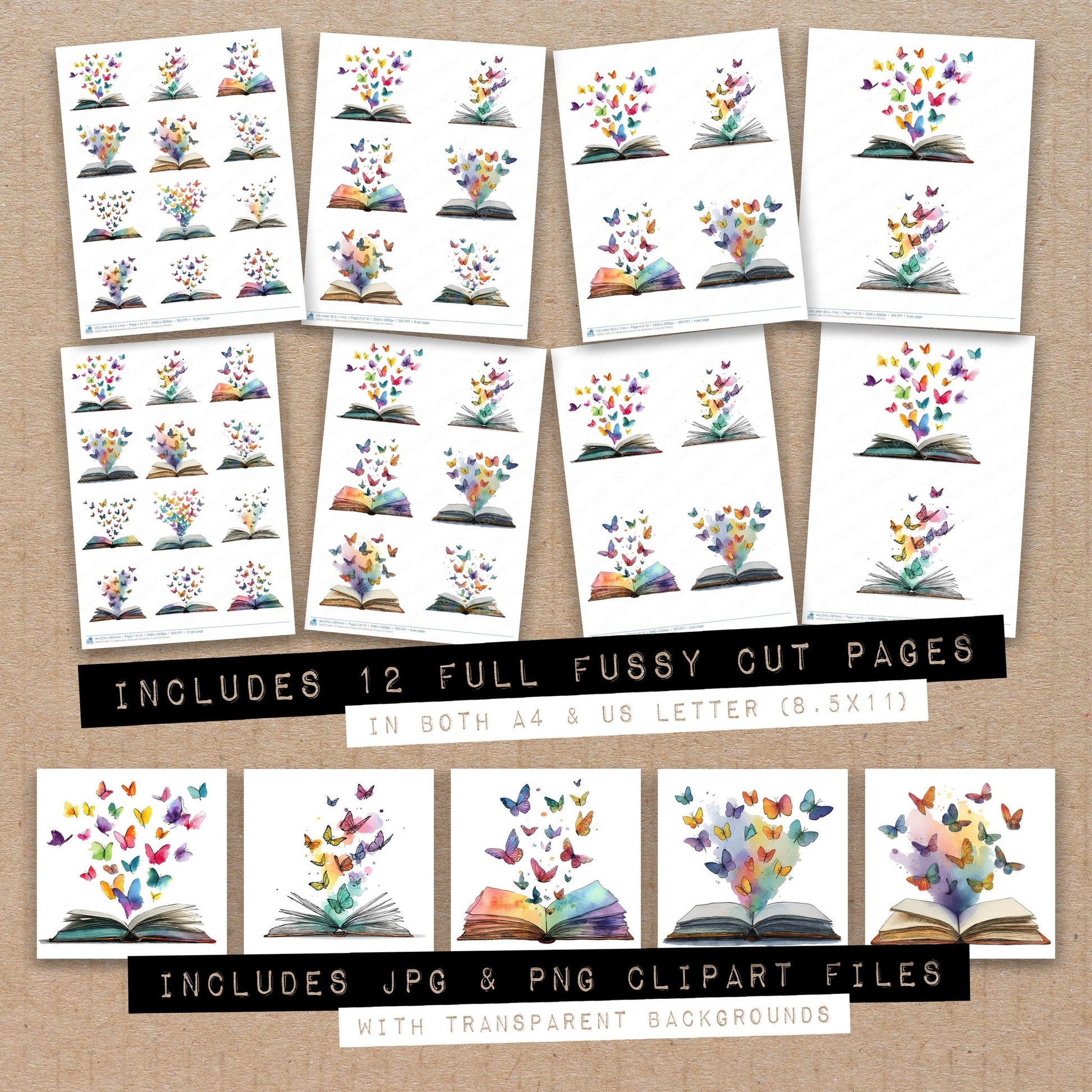 Full collection view of Watercolour Book with Butterflies fussy cut sheets with bonus clipart JPG and PNG files