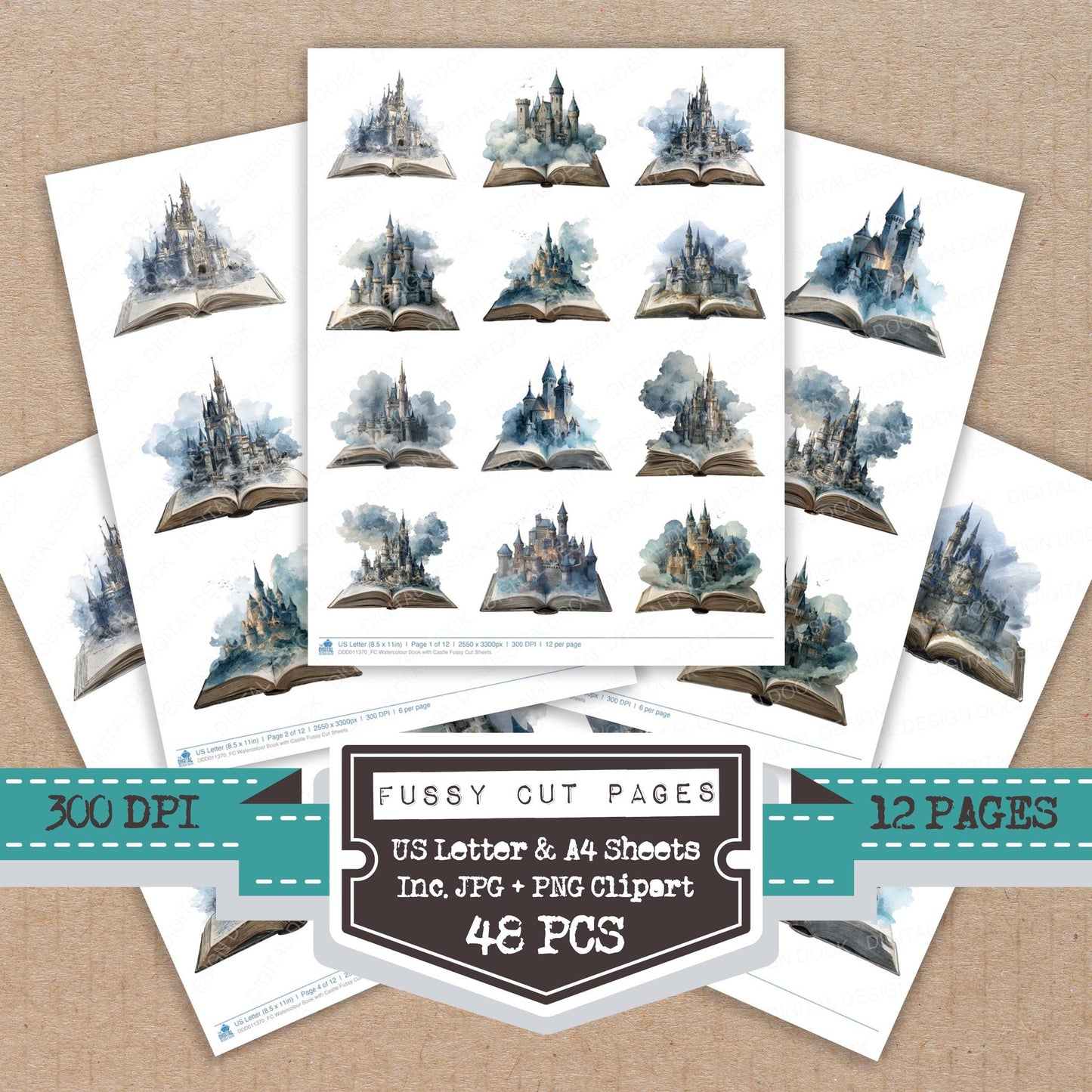 Watercolour Book with Castle fussy cut printable sheets for junk journaling, scrapbooking, and paper craft projects