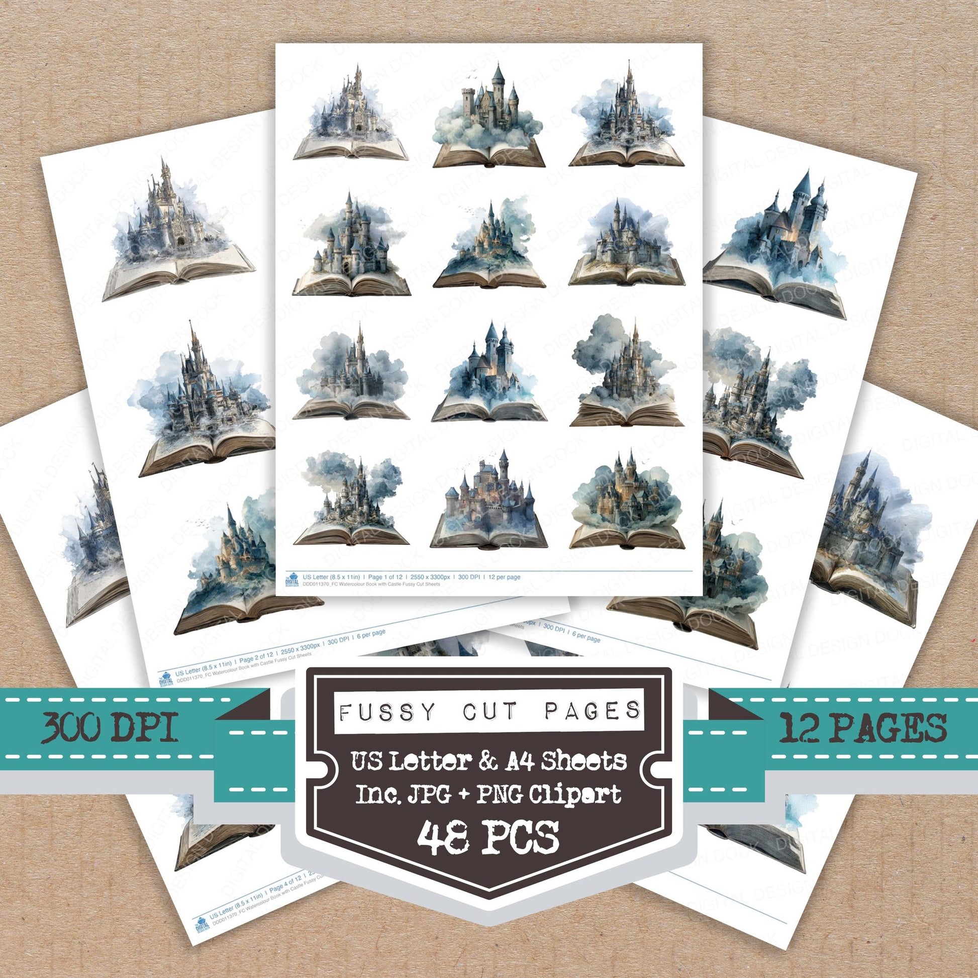 Watercolour Book with Castle fussy cut printable sheets for junk journaling, scrapbooking, and paper craft projects