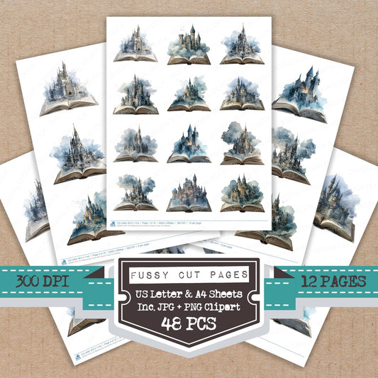 Watercolour Book with Castle fussy cut printable sheets for junk journaling, scrapbooking, and paper craft projects