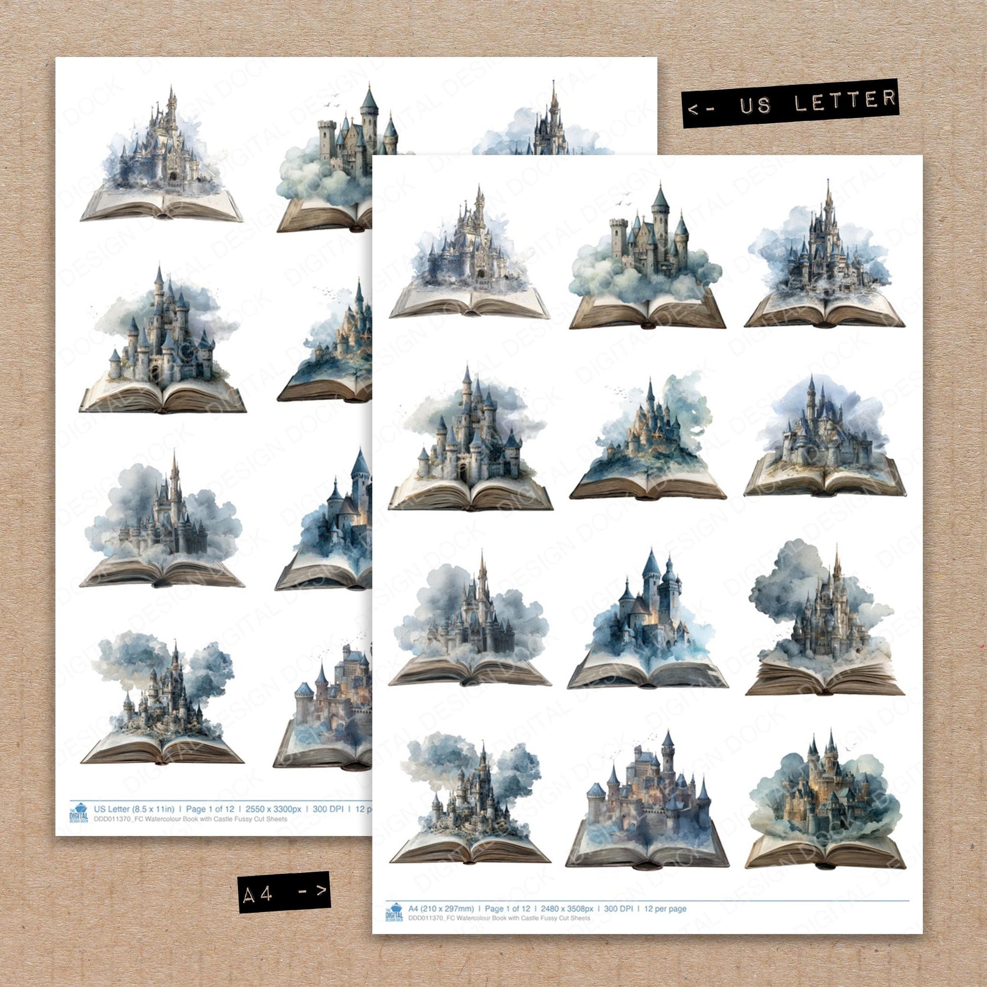 A4 and US Letter format comparison showing Watercolour Book with Castle fussy cut pages for print and cut crafting