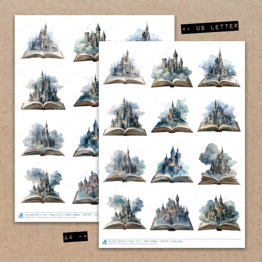 A4 and US Letter format comparison showing Watercolour Book with Castle fussy cut pages for print and cut crafting