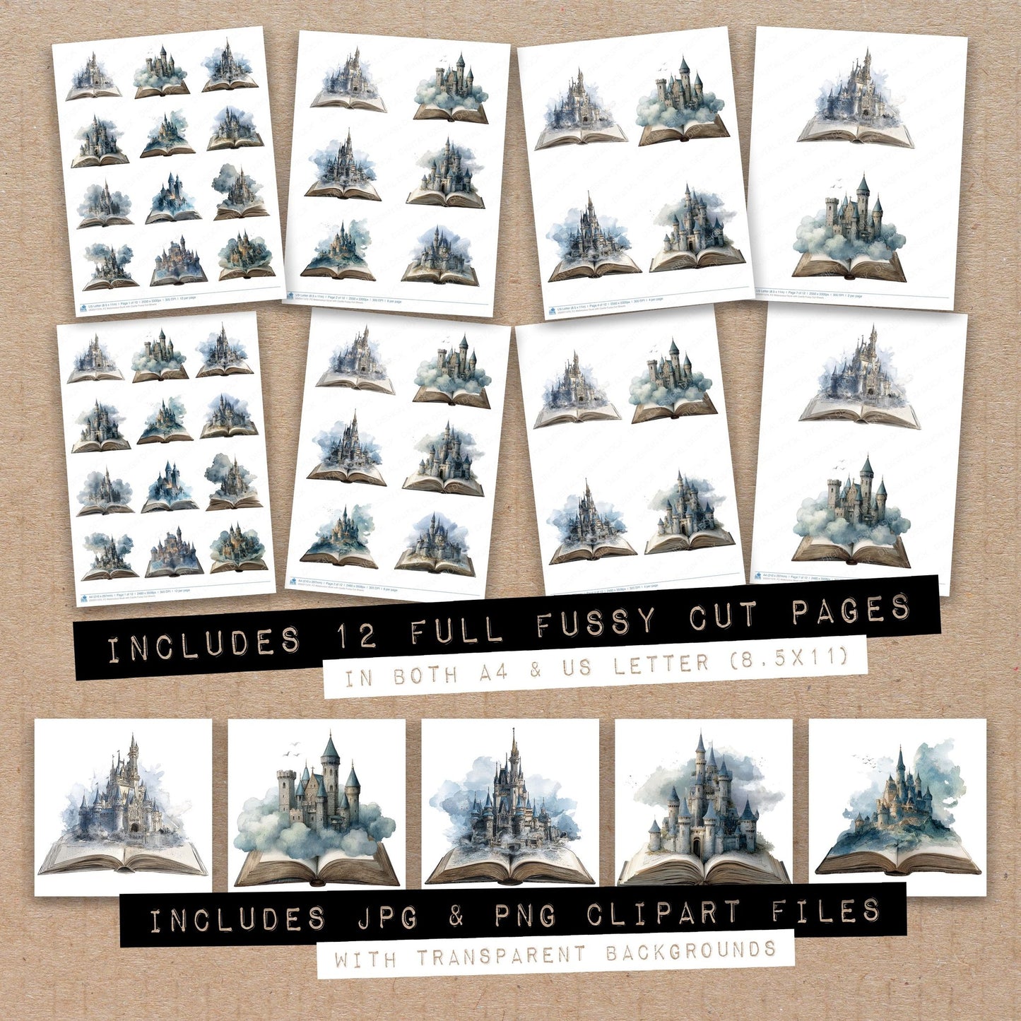 Full collection view of Watercolour Book with Castle fussy cut sheets with bonus clipart JPG and PNG files