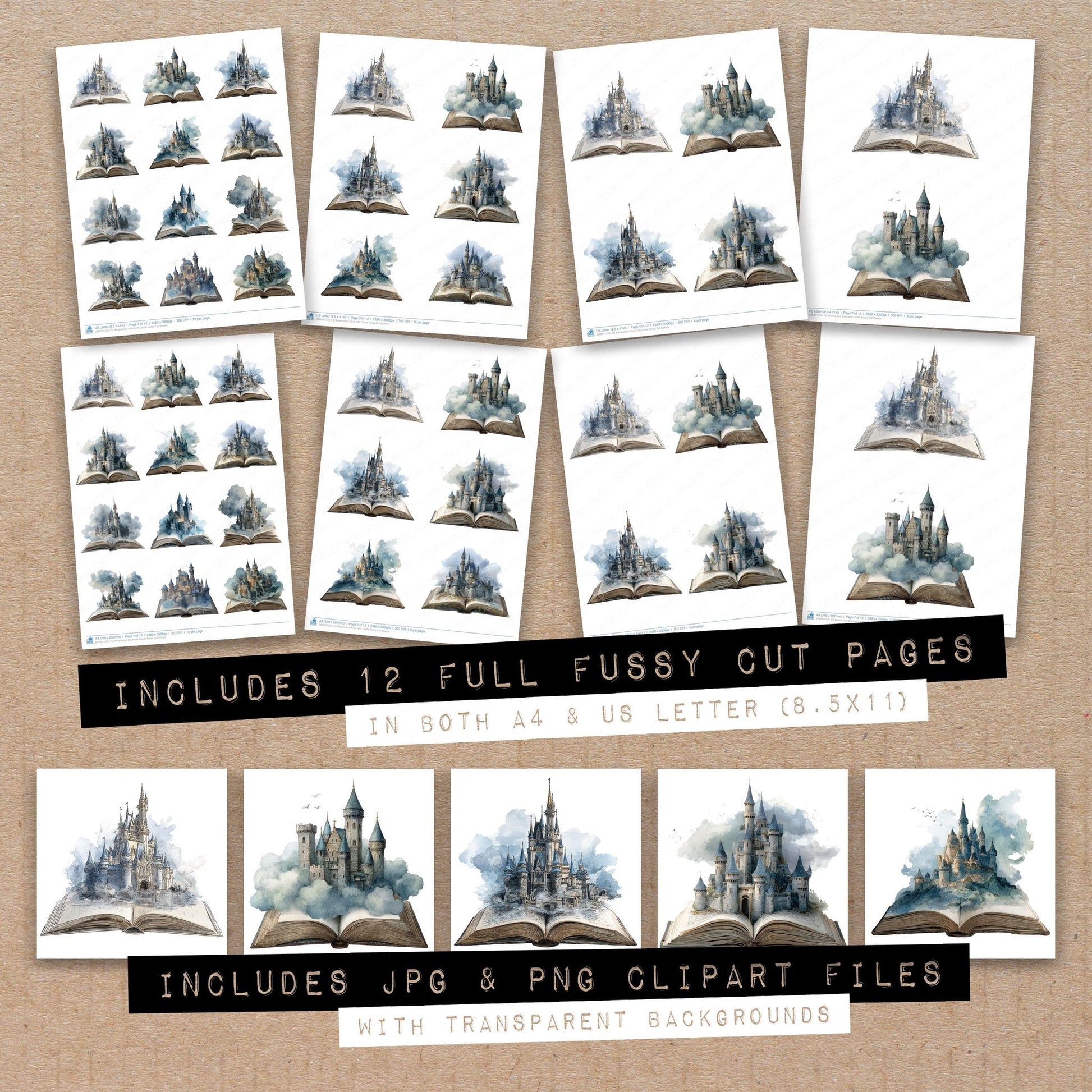 Full collection view of Watercolour Book with Castle fussy cut sheets with bonus clipart JPG and PNG files