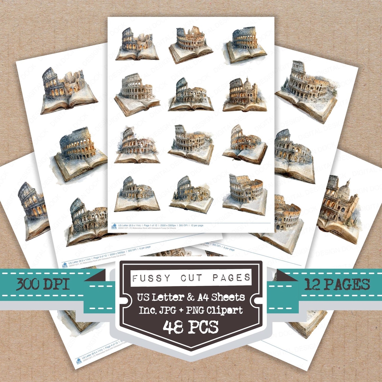 Watercolour Book with Colosseum fussy cut printable sheets for junk journaling, scrapbooking, and paper craft projects