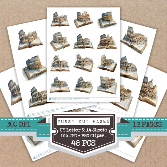 Watercolour Book with Colosseum fussy cut printable sheets for junk journaling, scrapbooking, and paper craft projects