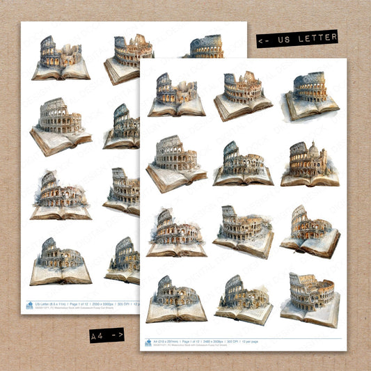 A4 and US Letter format comparison showing Watercolour Book with Colosseum fussy cut pages for print and cut crafting