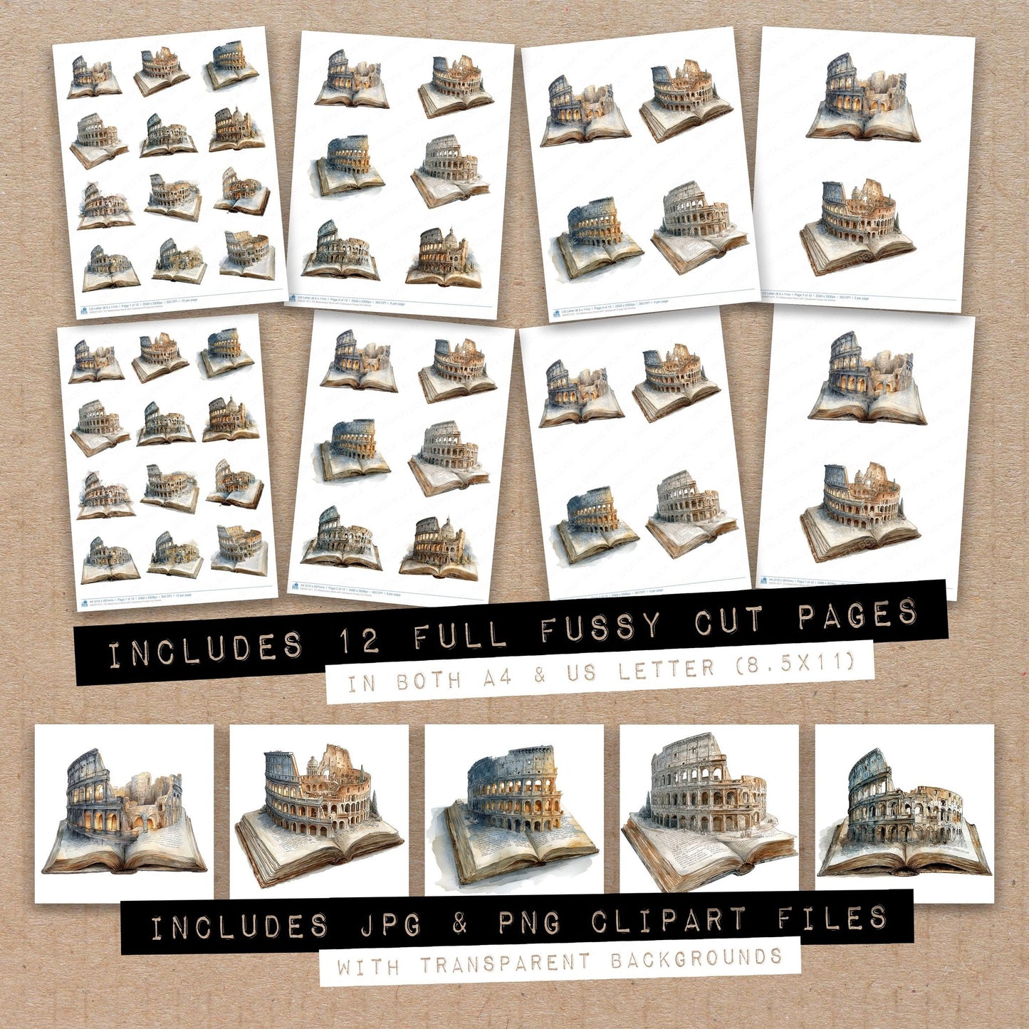Full collection view of Watercolour Book with Colosseum fussy cut sheets with bonus clipart JPG and PNG files