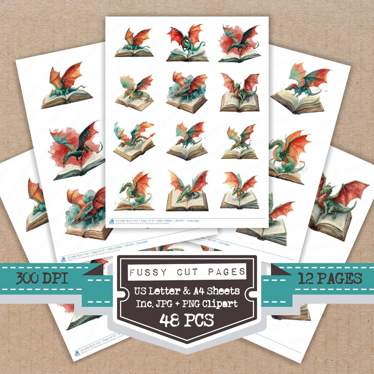 Watercolour Book with Dragon fussy cut printable sheets for junk journaling, scrapbooking, and paper craft projects